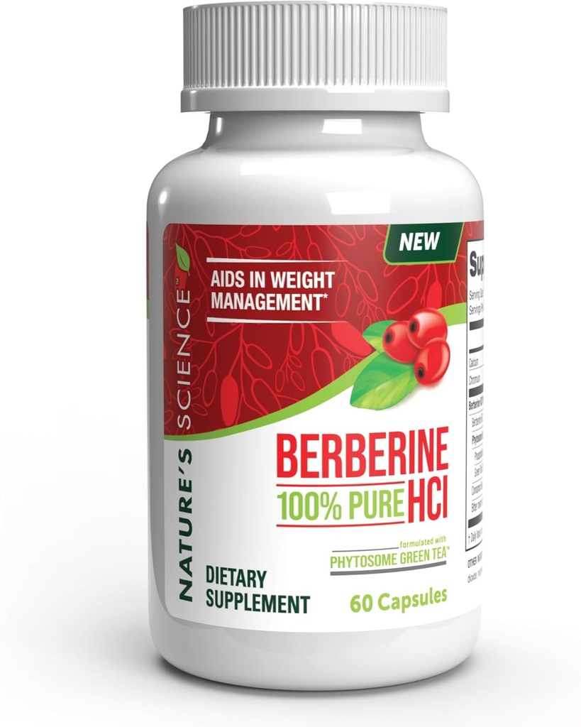 Scienza della natura Berberina HCL con Phytosome Green Tea per la gestione del peso, 100% Pure Clinical Grade Berberine HCL per un migliore assorbimento - Aiuta il metabolismo, mantiene pieno per più lungo - 60 caps