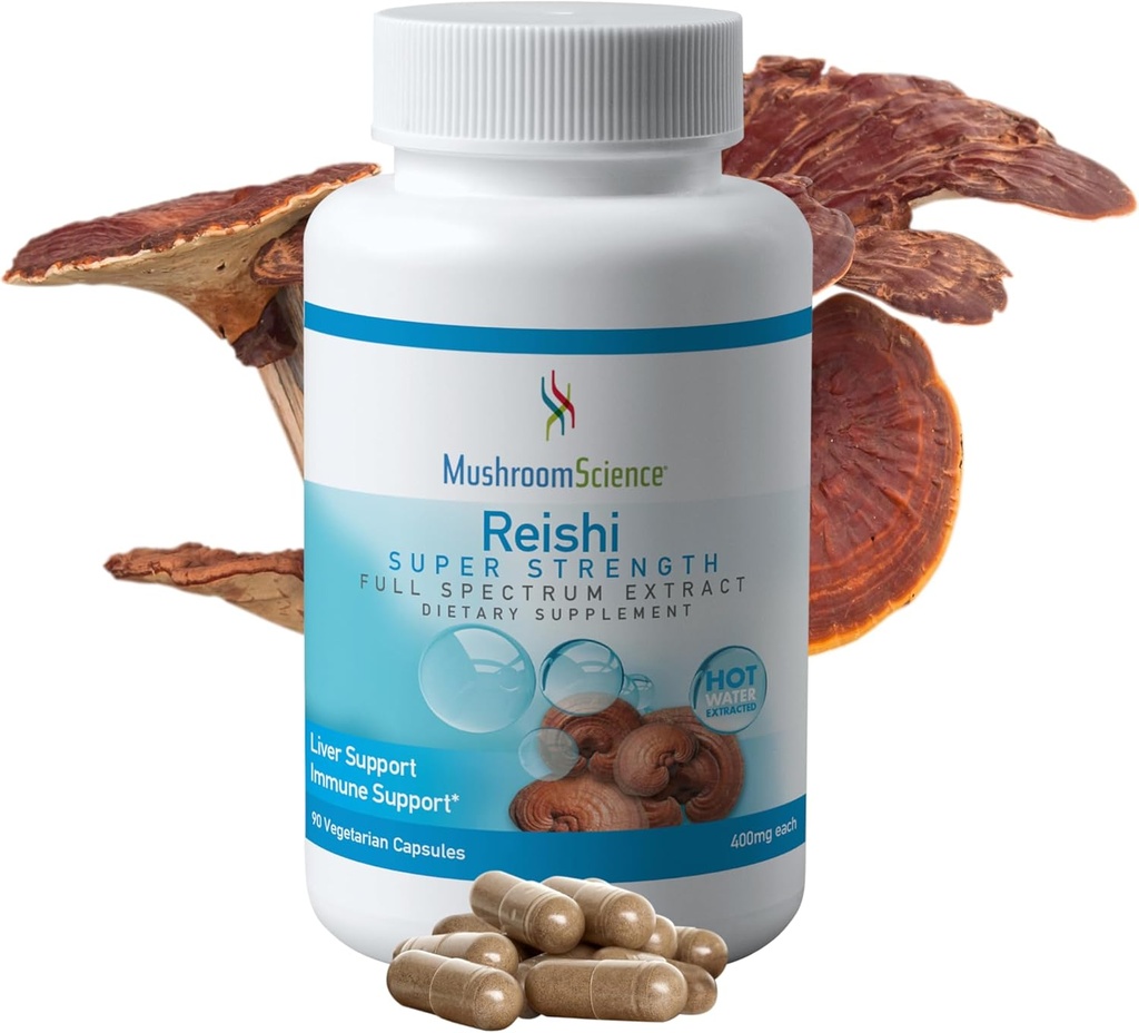 MushroomScience Reishi Mushroom Capsule, Super Strength Full Spectrum Extract, Natural Mushroom Supplement for Adults, Hot Water Extracted Mushrooms, Health Support, Vegetariano, 400MG, 90 CT
