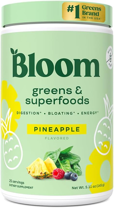 Bloom Nutrition Superfood Greens Powder, Enzimi Digestivi con Probiotici e Prebiotici, Salute Gut, Bloating Relief per le donne, Chlorella, Green Juice Mix with Beet Root Powder, 25 SVG, Ananas