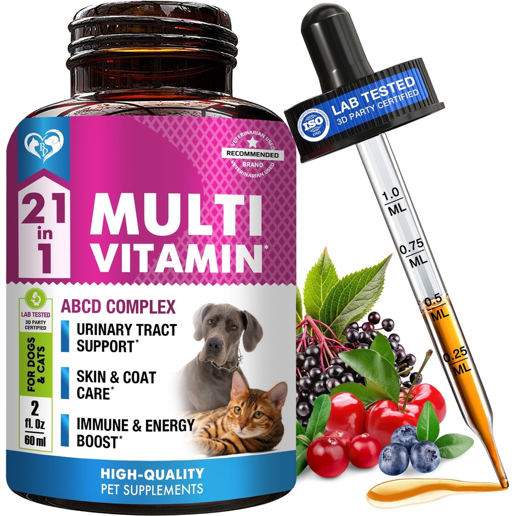 Gatto & Dog Multivitamin Liquido con Glucosamine & Cranberry | 15 in 1 Integratori per la salute per il rene del tratto urinario, la vescica, Hip & Joint, Skin & Coat | Medicina naturale UTI Made in USA (60 ml)