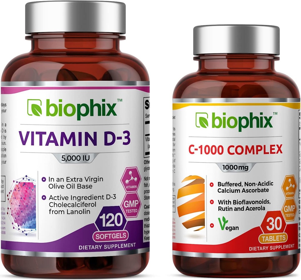 biophix Vitamin D-3 5000 IU 120 Softgels - Vitamina C-1000 30 Compresse - Alta potenza in Olio Extra Vergine di Oliva Non OGM Soia-Free Supporti Forte Bones Salute Immune