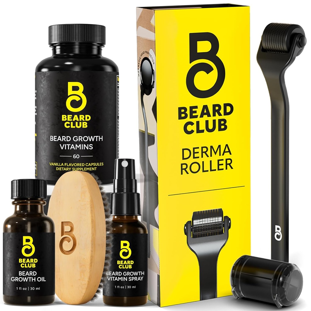 The Beard Club Derma Roller & Essential Beard Kit - Rullo del cuscinetto, Olio del cuscinetto, Spray del cuscinetto, Vitamine del cuscinetto