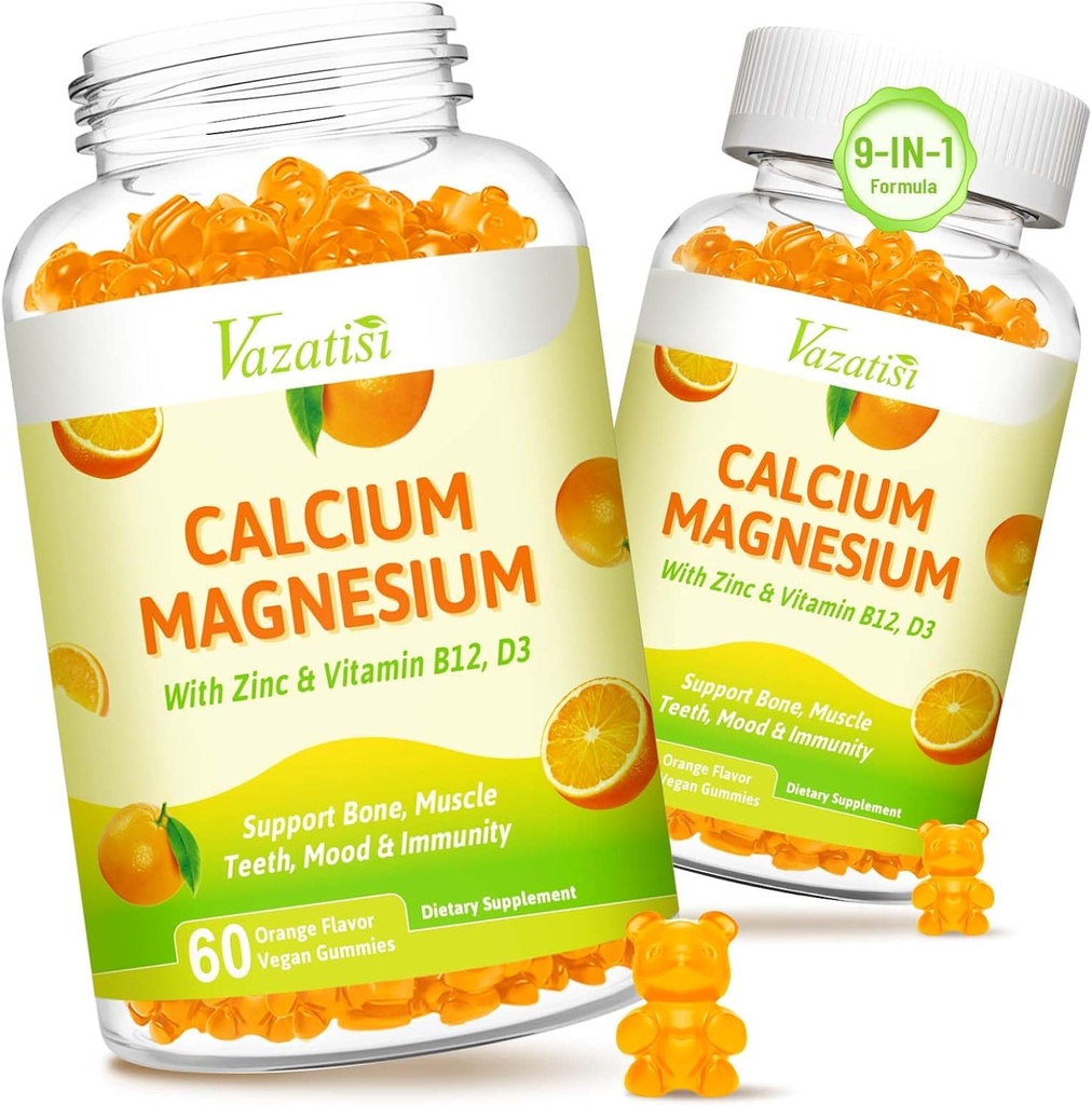 Calcio Magnesio Zinco Gummie con Vitamina D3 e K2, Magnesio ad alto assorbimento Glycinate per l'Immune e il Calma Mood, Vegan Orange Flavor 120 Gummies
