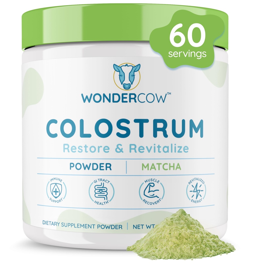 WONDERCOW Colostrum Supplement Powder for Gut Health, Immune Support, Muscle Recovery & Wellness | Natural IgG Pure Whole Bovine Colostrum Superfood, Matcha, 60 Serve