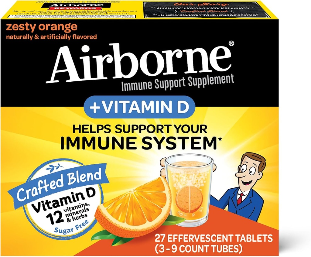 Vitamina C con Compresse Effervescenti Zinco, Integratore di Supporto Immune con Potenti Antiossidanti Vitamine A C D3 & E - 27 Tavole Bevande Fizzy, Sapore Arancio Zesty