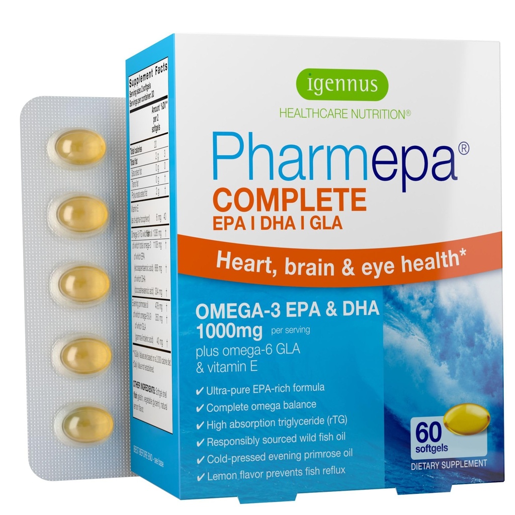 Igennus Pharmepa Complete EPA 668mg & DHA 334mg Omega-3 acidi grassi 1000mg, certificato IFOS, forma rTG, olio di pesce ad alta potenza Plus Omega-6 & 9 da olio di Primrose di sera GLA, aroma di limone, 60 Softgels