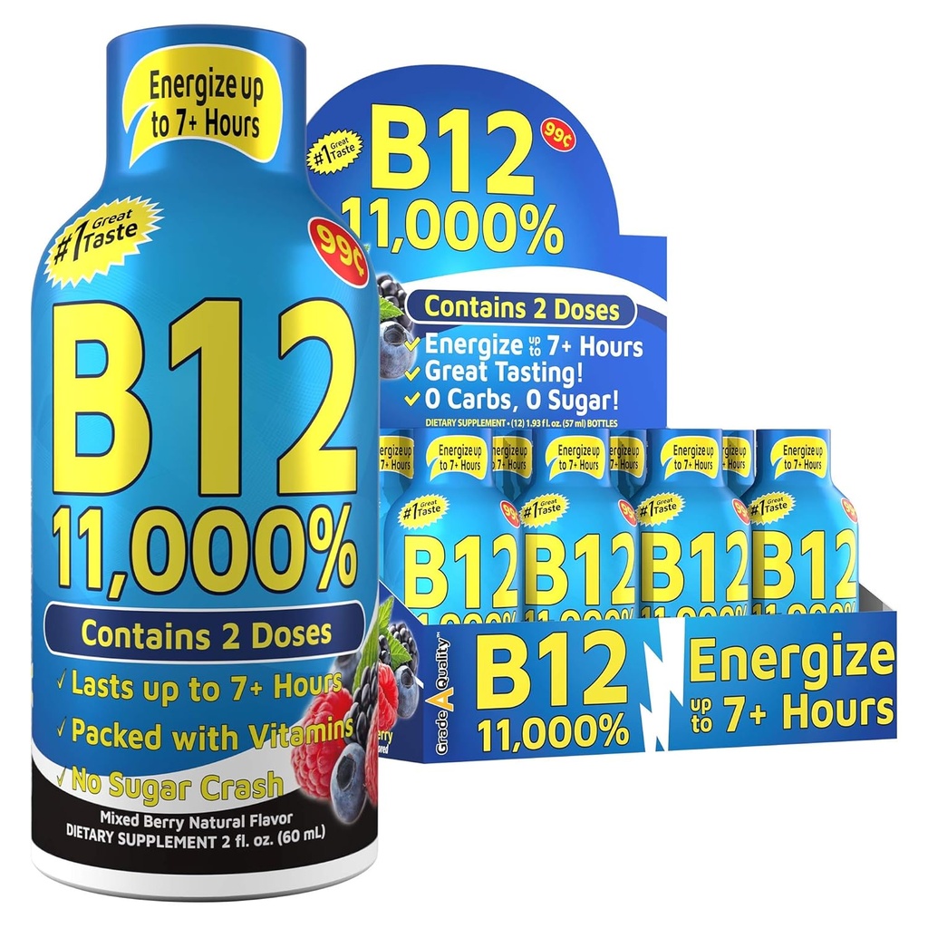 Vitamin Energy Shots, Mixed Berry Flavor, Fino a 7+ ore di energia, 1.93 Fl Oz, 12 conte