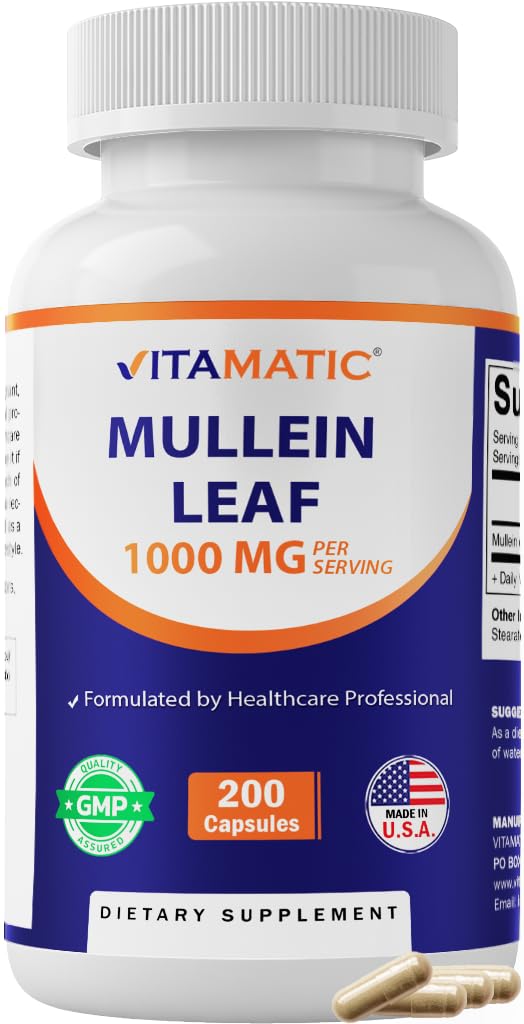 Vitamatic Mullein Leaf 1000mg per Serving - Supporta Respiratorio sano, Bronchial & Immune Funzione - 200 capsule