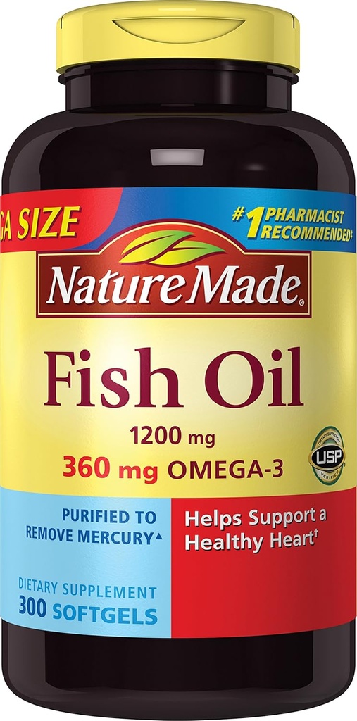 Natura Made 1200mg di Fish Oil, 2400 per Serving, 360mg di Omega-3, 300 Softgels, 300 Conte (Pack di 1)
