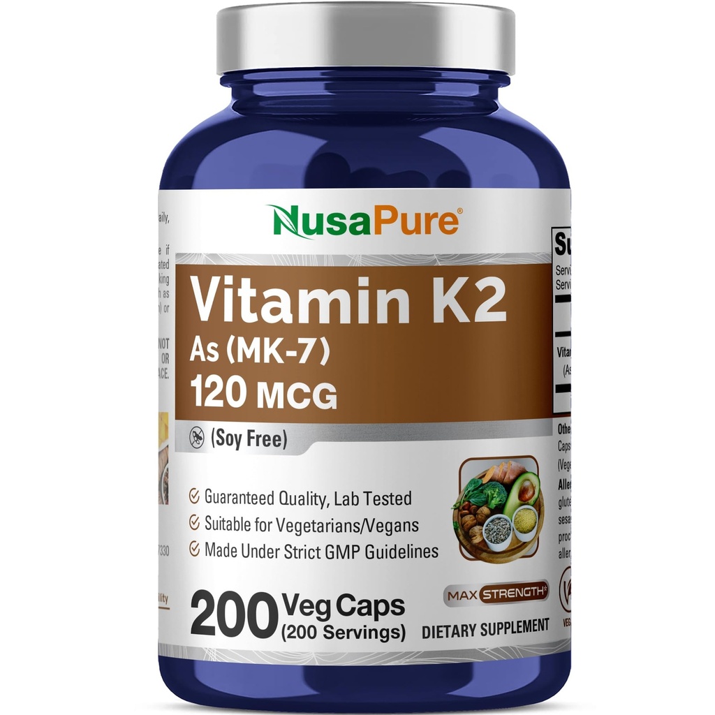 NusaPure Vitamina K2 MK7 120 mcg 200 Caps Veggie (Soy Free, Non-GMO, Vegan)