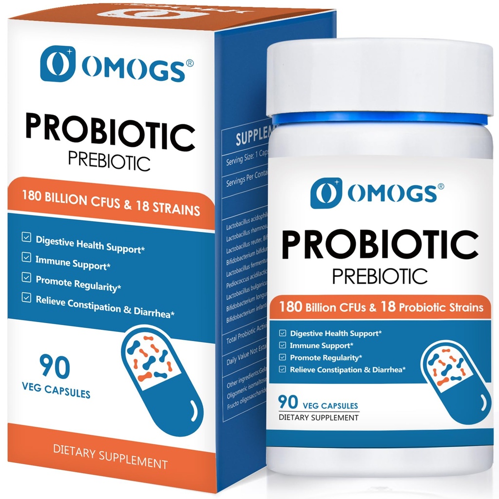 OMOGS Probiotici 120 miliardi di CFU 18 Strains, 3 Prebiotici & Enzimi digestivi, Aiuta Digestivo, Salute Gut, Immune, Supporti costipazione occasionale, Diarrea & Gas - per donne & uomini, 60 capsule