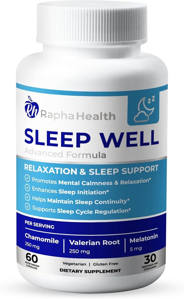 Sleep Well | Natural Sleep Aid with Magnesium Glycinate, Valerian Root, and Chamomile | Non-Habit Forming | 60 Capsules - 30 Notti di sonno riposante