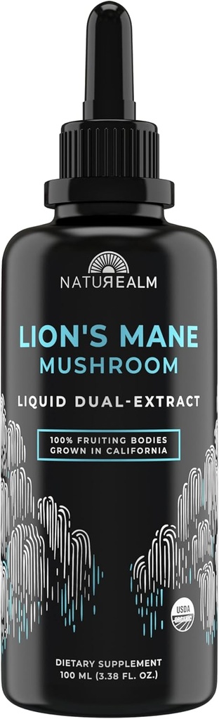 Naturealm Lion’s Mane Mushroom Liquid Tincture Supplemento – Focus, Memory & Brain Health, Vegan, Non OGM – Organic Fruiting Bodies, 2 mesi di fornitura