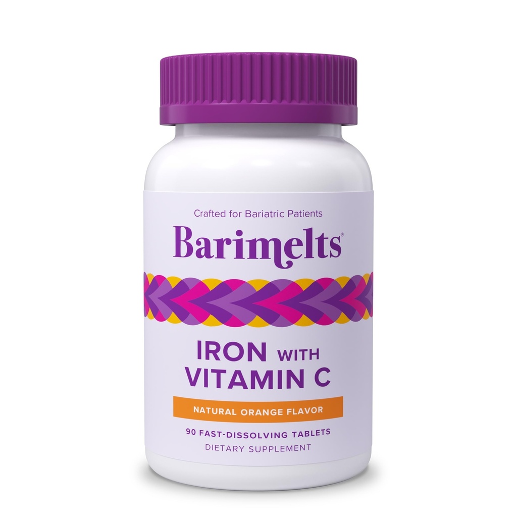 Ferro di Barimelts con vitamina C, 90 compresse Fast-Dissolving (1-Month di alimentazione), Supplemento di ferro Bariatrico senza zucchero per le donne, aroma d'arancia naturale