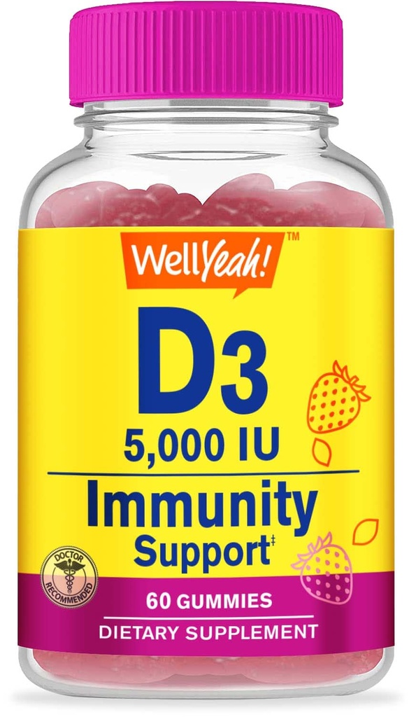 Wellye Vitamina D3 5000 IU (125 mcg) Gummies Extra Strenght -per la salute di ossa, Booster immunitario, Bone e denti di sostegno -Non OGM, Gluten Free, Nut Free, Vegetariano -Strawberry Flavor -60 Gummies