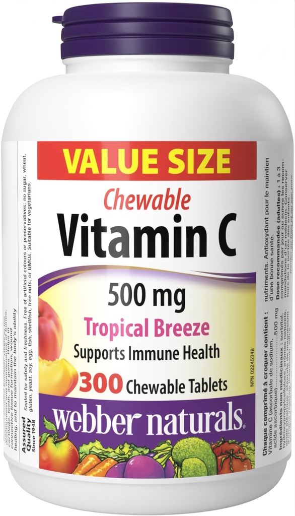 Webber Naturals Vitamina C, 300 Chewable Tropical Breeze Tavole aroma, 500 mg di Vitamina C Per Tablet, Bones, Teeth, Supporto Immune e Antiossidante, Non OGM, Latticini & Gluten Free