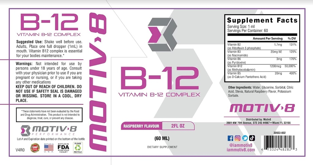 Motiv-8 Essentials Vitamina B-12 Gocce, Sublinguale, Facile da prendere il supplemento liquido, Supporta la salute dell'occhio, l'energia cerebrale, il sistema nervoso, la cognizione e la memoria (60 Serve, lampone)