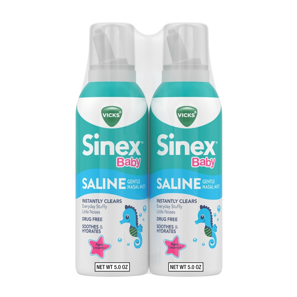 VICKS Sinex Baby Saline Nasal Spray, Droga Free Gentle Nasal Mist, Pulisce istantaneamente ogni giorno Stuffy Little Noses, Soothes & Hydrates, Sicuro per uso quotidiano, Gentle For All Ages, 5 OZ x 2