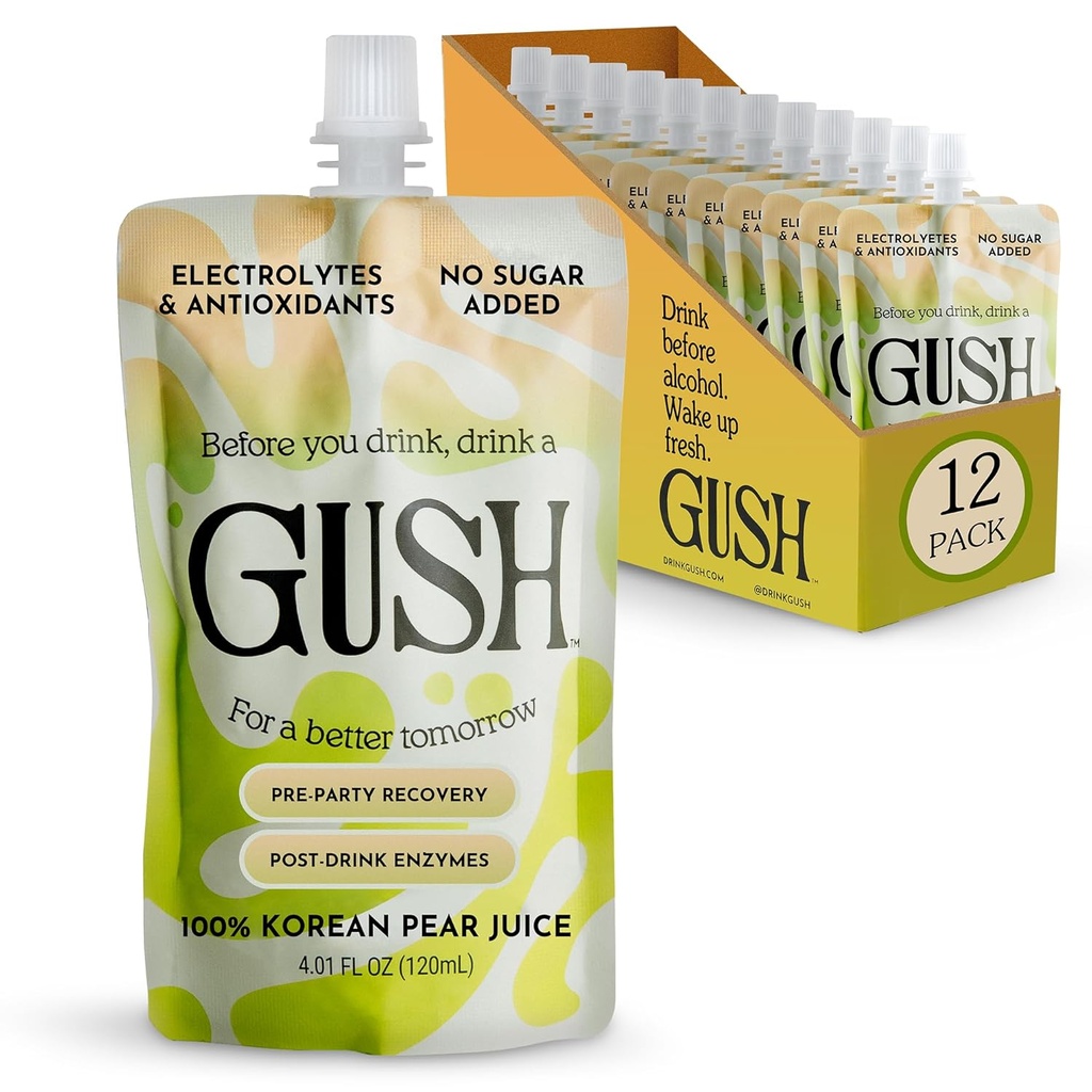 GUSH Pre-Drink Korean Pear Drink - (12 Pack) Pear Hydration Pouch con Attivazione enzima - Prevenire Bevande Aftereffetti - Tutto naturale, senza glutine