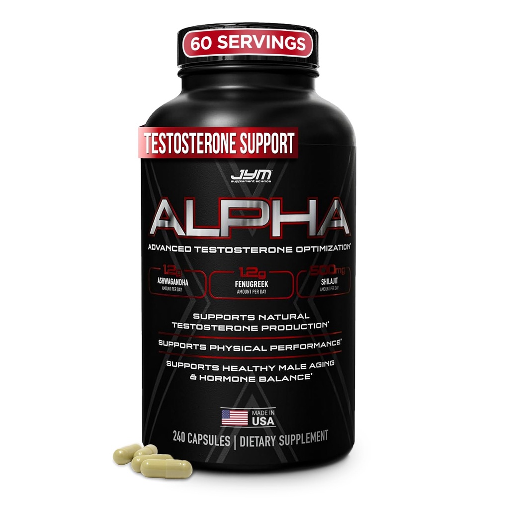 Alfa JYM X Ottimizzazione avanzata dell'ormone, Vitalità, Ottimizzazione, DHEA, Ashwagandha, Boron, Shilajit, Fenugreek, Eurycoma, Damiana, Quercetin, DIM, JYM Scienza supplementare, 240 capsule