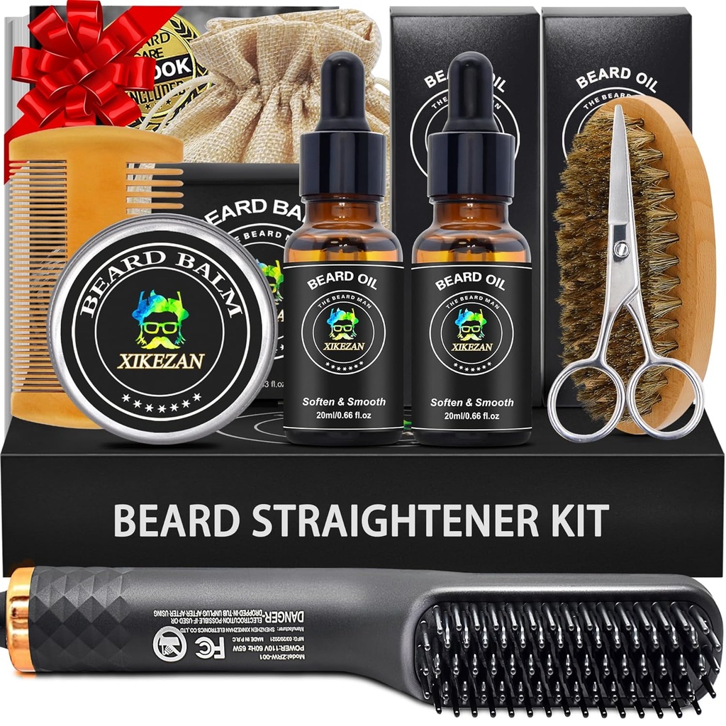 XIKEZAN Beard Kit per Uomo Grooming & Straightening Set,w/Beard Straightener, 2 Pack Oil, Balm, Comb, Scissor, Pennello, Compleanno San Valentino Regali per Lui Papà Uomo Ragazzo Natale Stocking Stuffers