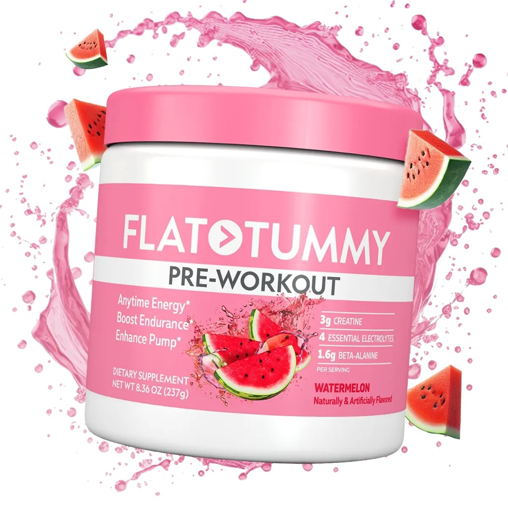 Polvere di allenamento piatta Tummy Pre per le donne – energia, resistenza e supporto muscolare con 3g Creatina, 1.6g Beta-Alanina, Electrolytes – Aroma di anguria – 30 Serve
