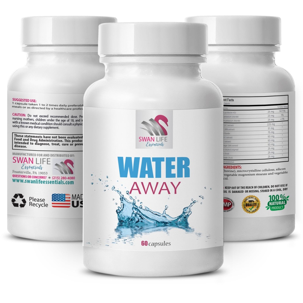 Bilancia naturale dell'acqua - WATER AWAY - Gestione dell'equilibrio fluido, Benessere a base di erbe, Formula diuretica, Supporto Bloating, Supporto acqua, Bilancia dei fluidi naturali, capsule diuretiche, Diuretic 1Bot 60Caps