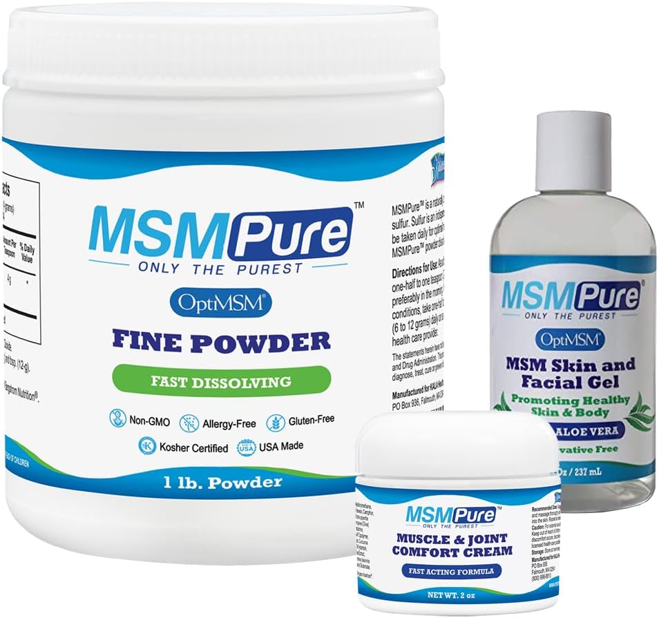 KALA HEALTH MSMPure Starter Bundle con MSM Fine Powder 1lb, MSM Muscle & Joint Cream 2oz e MSM Gel con Aloe Organic 8oz