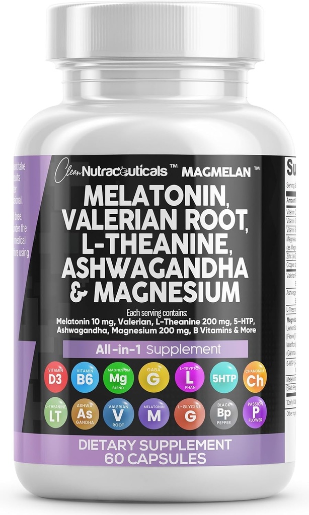 Clean Nutraceuticals Melatonin 10mg Valerian Root L Theanine 200mg Ashwagandha - Supporto per il sonno per le donne e gli uomini con Magnesium Complex, Lemon Balm, Camomilla, & Passion Flower - 60 Caps