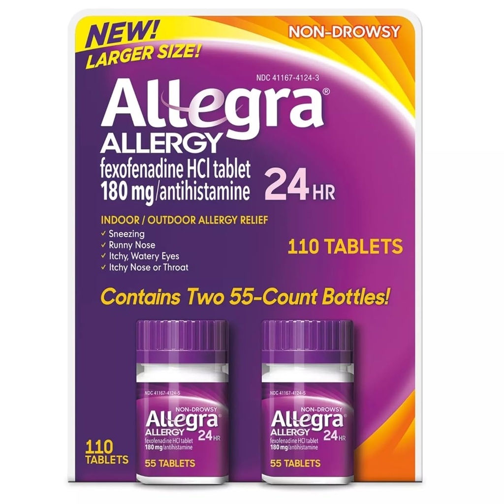Allegra 24 ore Indoor e all'aperto Allergy Relief 180mg 55 compresse, Confezione da 2 (110 ct.)