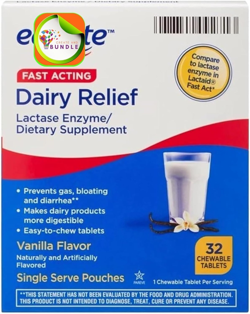 Equate Fast Acting Dairy Relief Lactase Enzyme Integratore alimentare Vanilla Flavor chewables Tablets 32 Conte (Pack of 1) + CreativeAndBundle Sticker