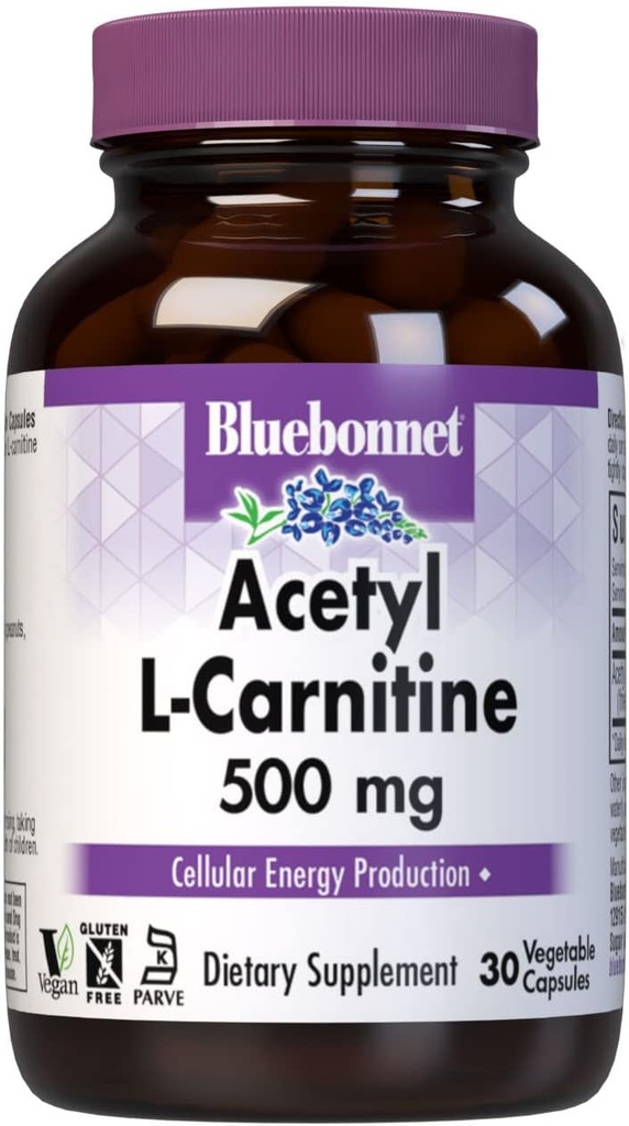 Bluebonnet Nutrition Acetyl L-Carnitina, trasporta gli acidi grassi, aumenta l'energia cellulare, Soy & Gluten-Free, Kosher Certificato, Vegan, 30 capsule vegetali, Bianco, 500mg