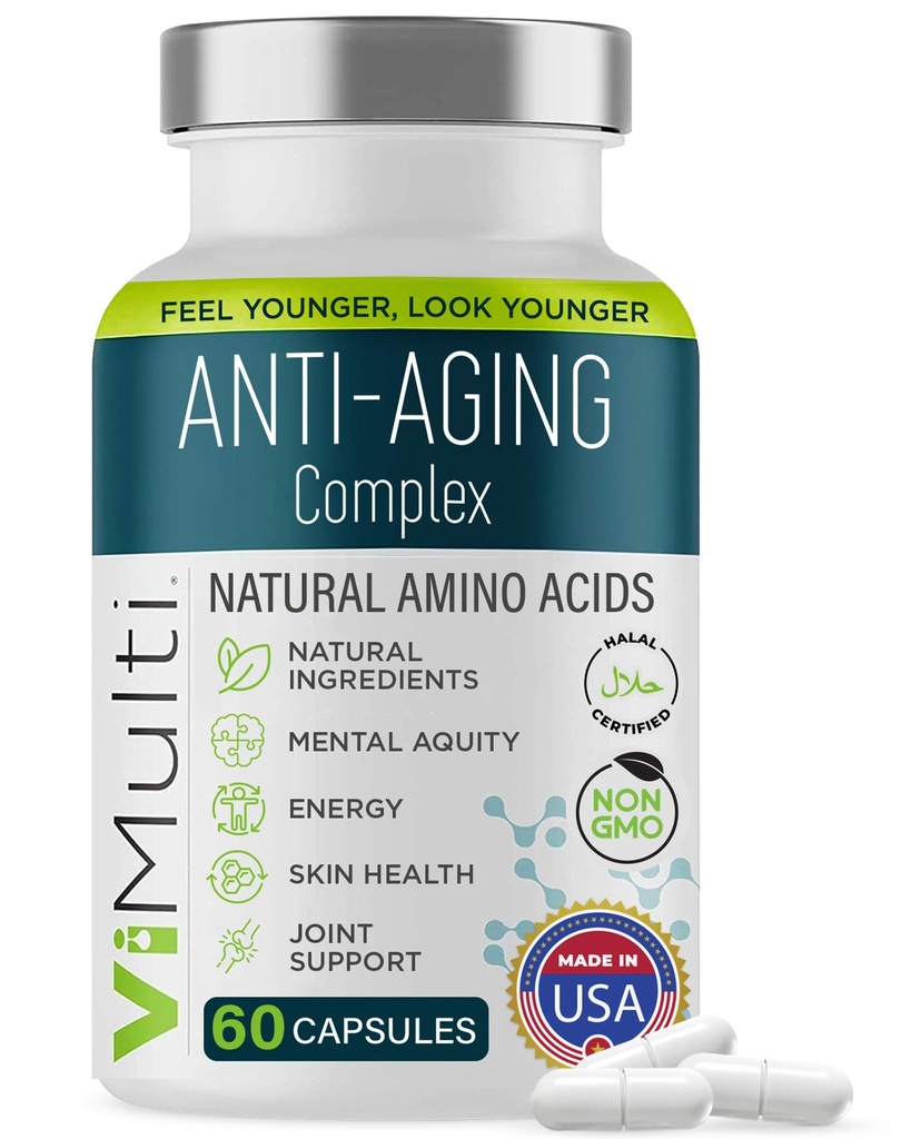 Integratore di aminoacidi naturali anti-invecchiamento per le donne e gli uomini – Supporta la salute immunitaria, l'energia, il tono della pelle liscia, & sonno reattiva, pillole di supplemento anti-invecchiamento per la longevità, 60 capsule