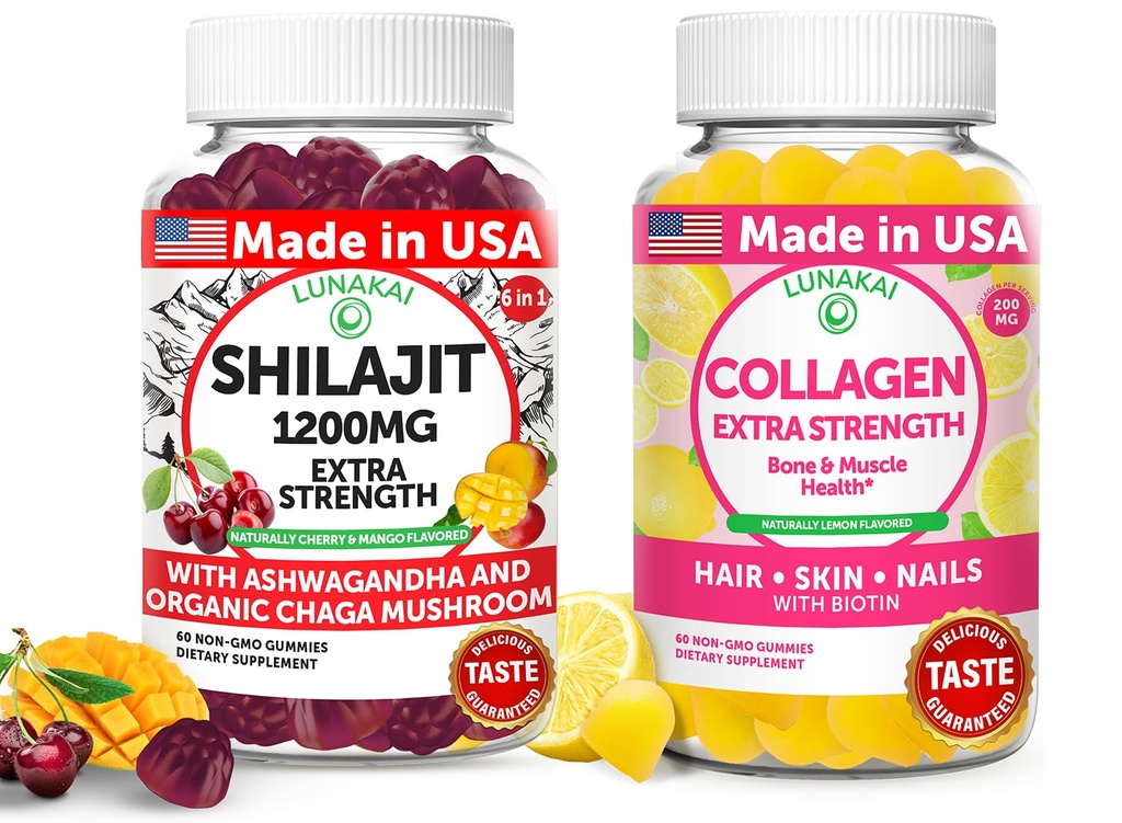 Lunakai USA Made Shilajit & Collagen Extra Strength Gummies Bundle – Energy, Hair, Skin e Nail Support – Delicious & Non OGM