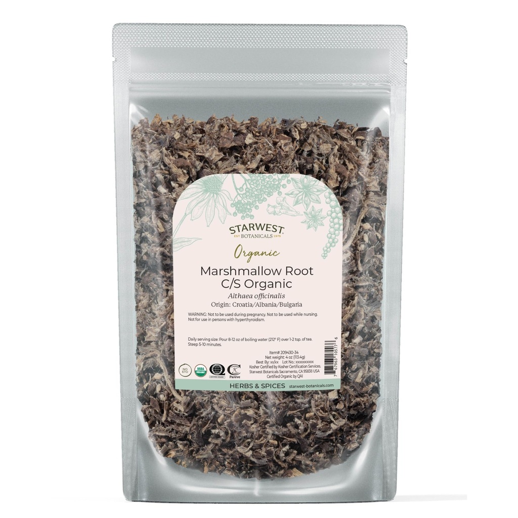 Starwest Botanicals Organic Marshmallow Root - Erbe secca per il tè, Loose Leaf Root Herb, Cut & Sifted, Certificato Kosher, Non-GMO - 4 once Pouch