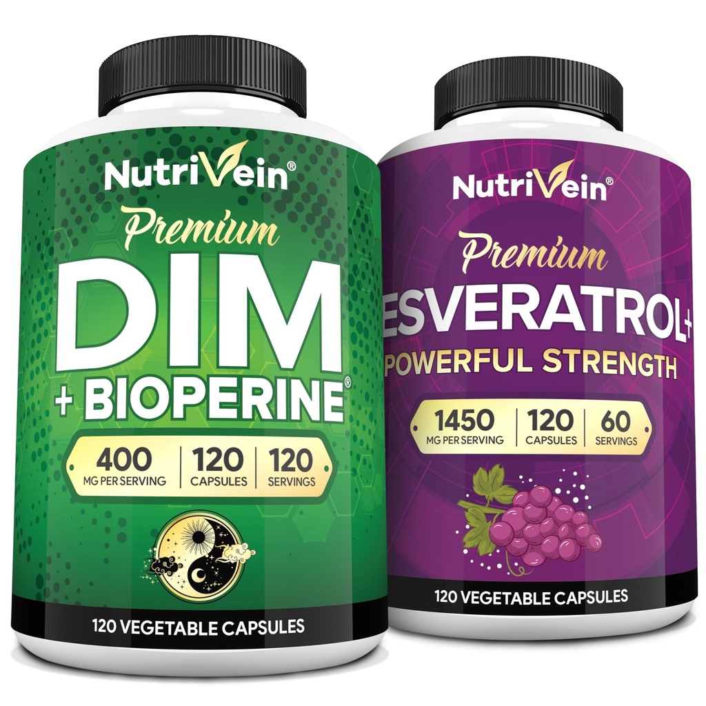 Nutrivein Premium Resveratrolo Capsule e Integratore DIM Bundle: Integratore di Resveratrolo ad alto assorbimento e DIM per Recupero, Equilibrio e Vitalità