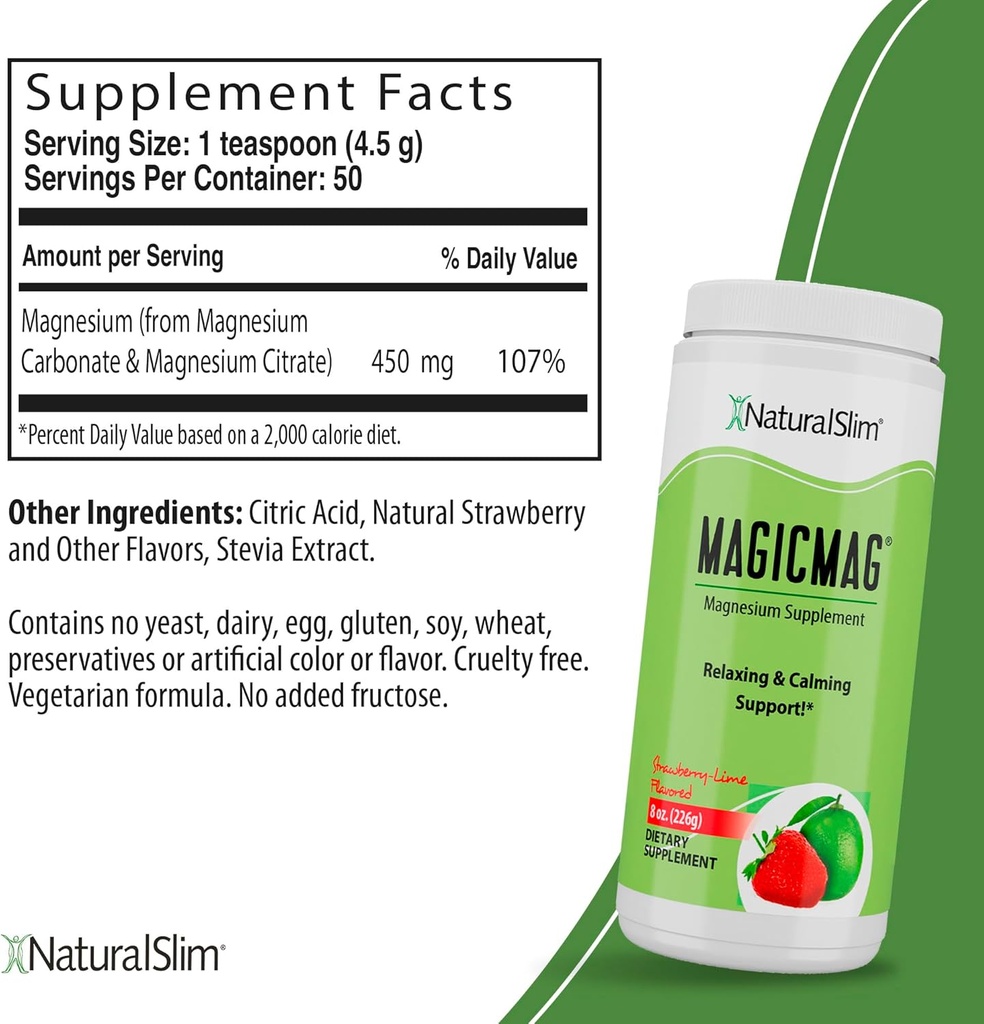 NaturalSlim Magicmag Pure Magnesium Citrate Powder – Stress, costipazione, muscolo e supporto cardiaco | Natural Strawberry & Lime Magnesium Supplement - 8oz Drink Mix (3 Pack)