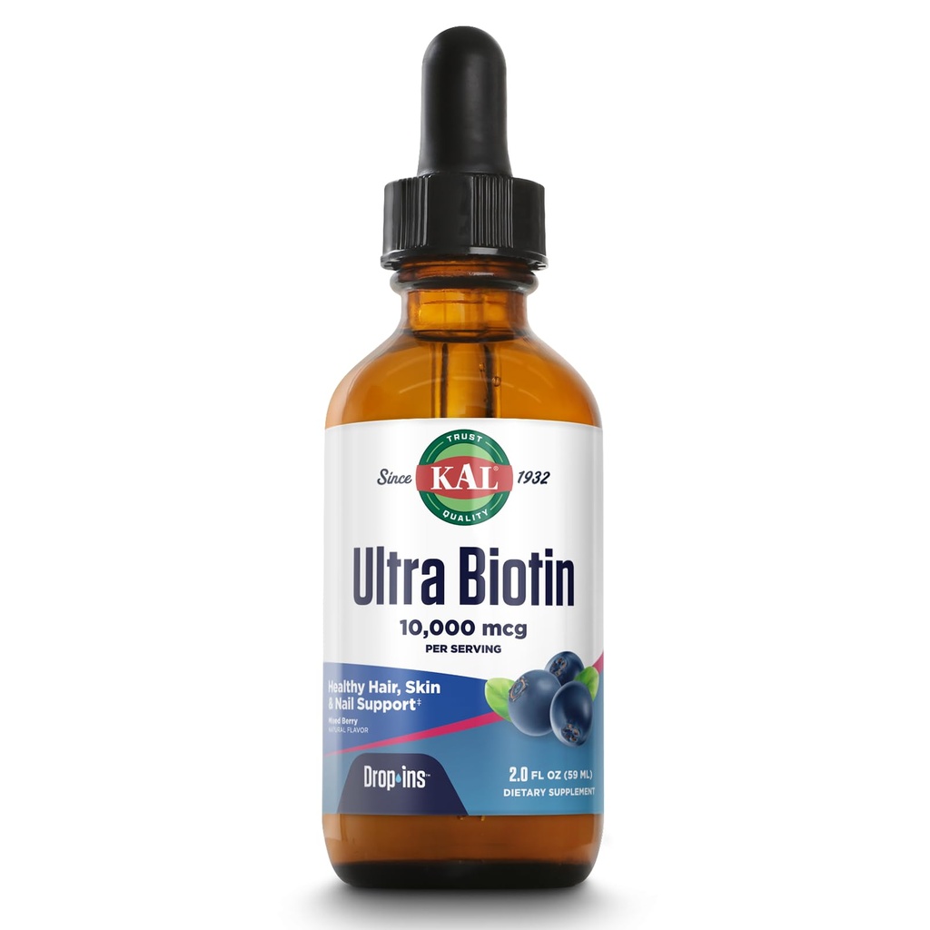 Gocce KAL Ultra Biotin 10000mcg, Gocce di biotina liquida, Supplemento di crescita dei capelli, Vitamina di alta potenza B7, Capelli sani, Pelle, Chiodi e supporto energetico, Natural Mixed Berry Flavor, Approx. 59 Serv, 2oz