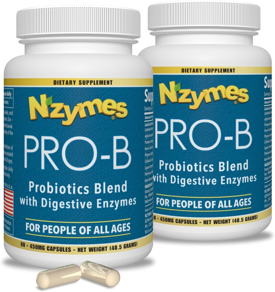 Nzymes® Pro-B Probiotics and Digestive Enzymes for Digestive Balance, Better Digestion, Indigestion and Constipation (180 Total Caplets) - Made in the USA