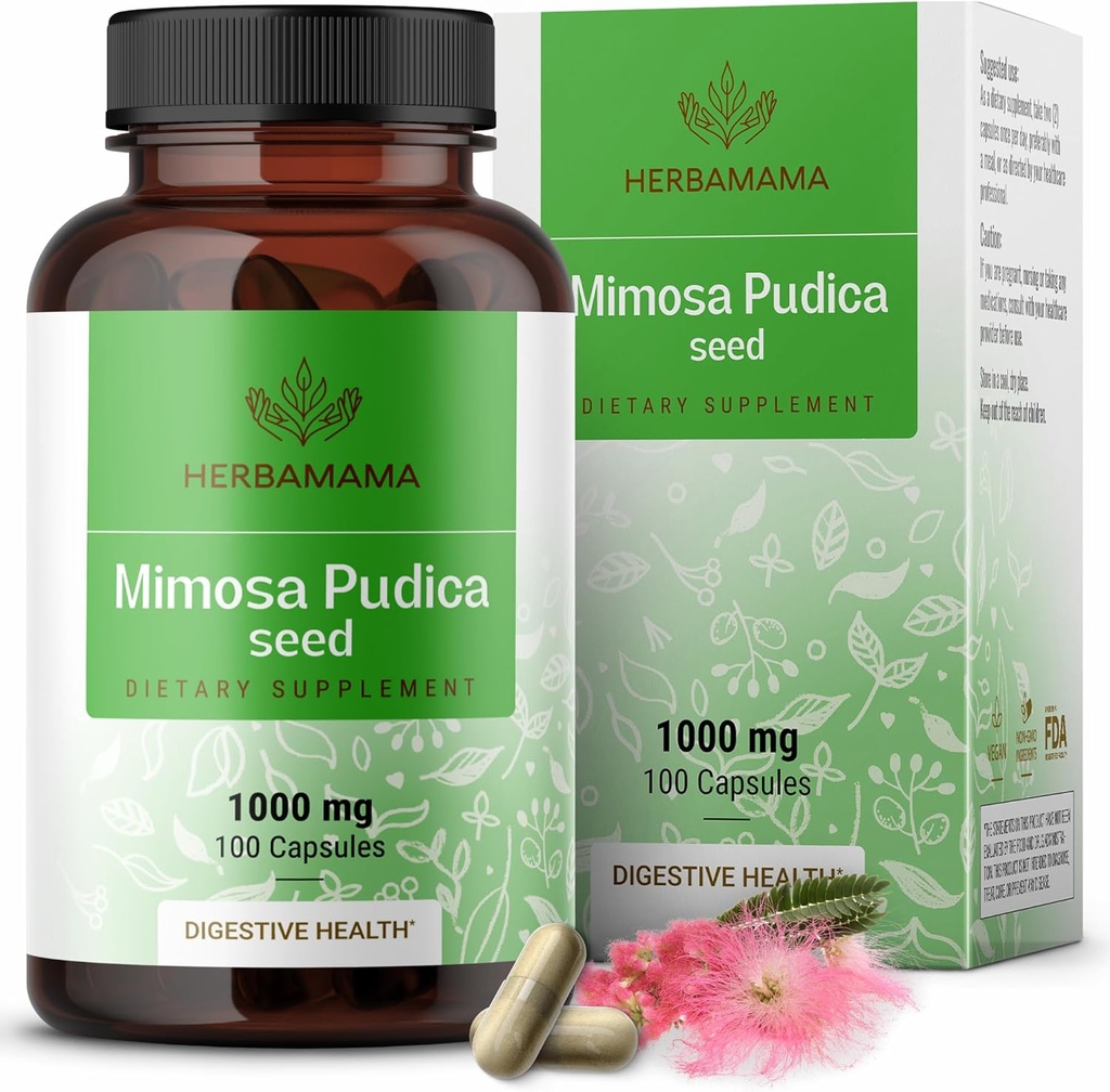 HERBAMAMA Mimosa Pudica capsule di semi - 1000mg Mimosa Pudica Estratto di polvere per la pulizia digestiva & Detox - Vegan, supplemento di supporto digestivo non OGM, 100 caps