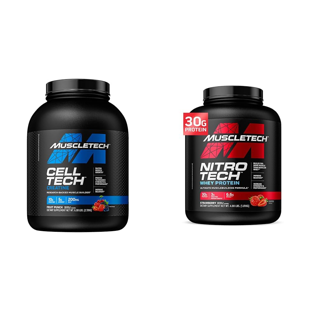 MuscleTech Cell-Tech Creatine Powder & Nitro-Tech Whey Protein Bundle | Muscle Builder & Recovery Formula | 6 lbs Creatine & 4 lbs Whey | Strawberry Flavor