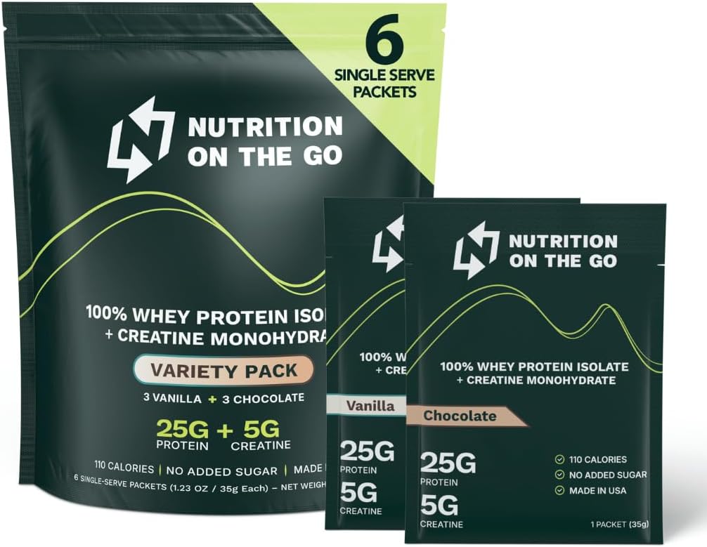Nutrizione sui pacchetti Go Whey Protein Isolate con Creatina – 25g Protein + 5g Creatina – Polvere di proteine da viaggio a singolo raggio - Varietà Pack (Vanilla & Chocolate) (6-Pack)
