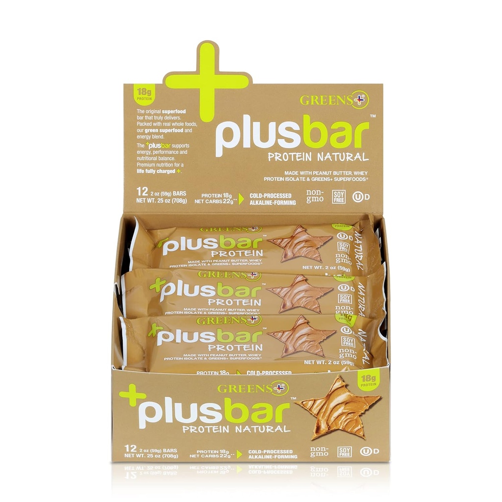 Greens+ Plusbar Protein Natural | Gluten Free Whey Protein Bar | Organic Greens | Non GMO | 12 Bar