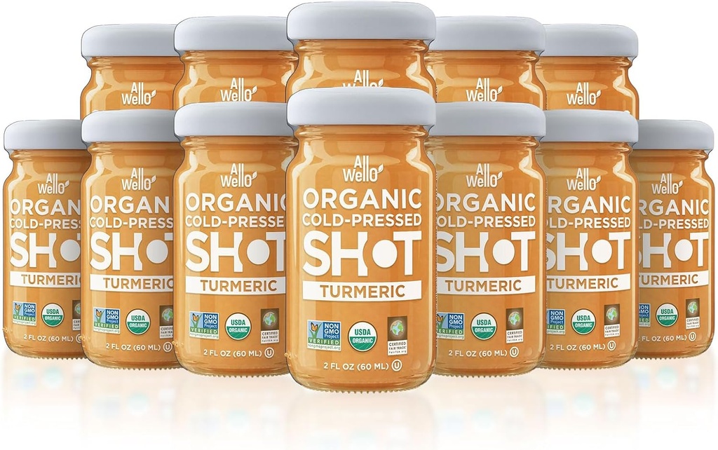 ALLWELLO Shot Turmeric a freddo, 60 mL, Booster Immune USDA Organico con Natu-RAL (12 PK, Turmeric)
