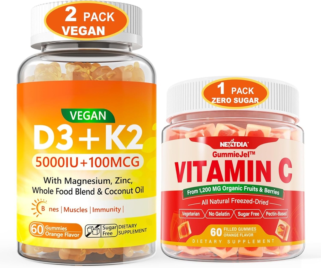 2 Confezione Vegan Vitamina D3 5000IU K2 Gummies+ 1 pacchetto intero alimentare Vitamina C Gummies