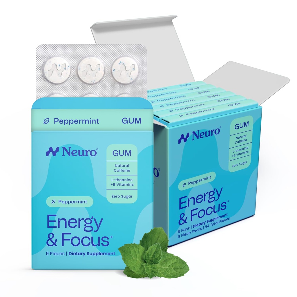 NeuroGum Energy & Focus Gum (54 Count-6 Pack, Peppermint) | Caffeina naturale 40 mg + L-teanina + vitamina B12 & B6 + Xylitol | Supplemento di prestazioni del cervello cognitivo senza zucchero