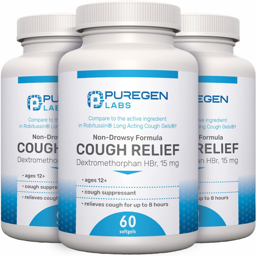 P Puregen Labs Cough Relief per adulti Dextromethorphan HBr 15mg | 8-Hour, Non-Drowsy, Long-Lasting Bronchial Suppressant | Età 12+ | Rispetto a Robafen e Robitussin - 3 Pack | Totale 180 Softgels