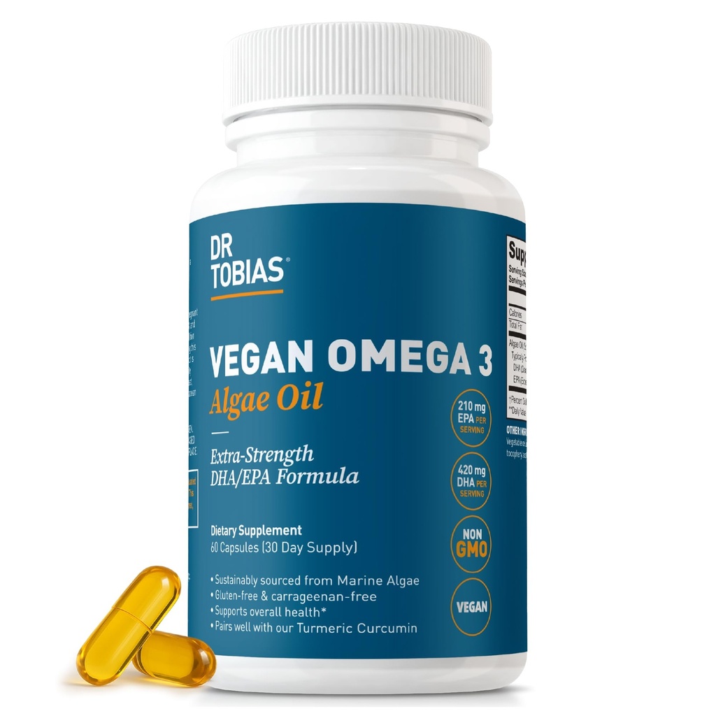Dr. Tobias Vegan Omega 3 Supplemento, 1400mg Olio di alghe, 420mg DHA, e 210mg EPA per porzione, Non OGM, Senza glutine, Senza Carrageenan, 60 capsule, 30 Serve