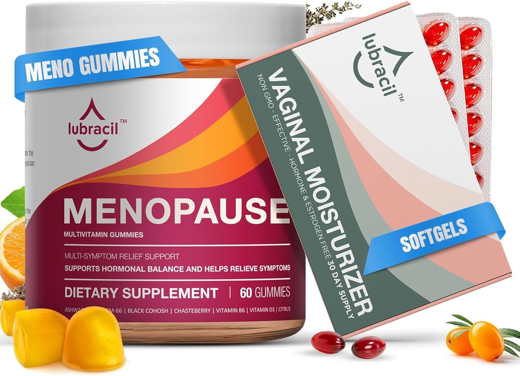 Lubracil Menopause Gummies & Daily Moisturizer Bundle – Supporto senza ormoni per Flash Caldi, Maglioni notturni, Vaginal Dryness e Itchiness con Cohosh nero, Ashwagandha, Omega Oils & Sea Buckthorn