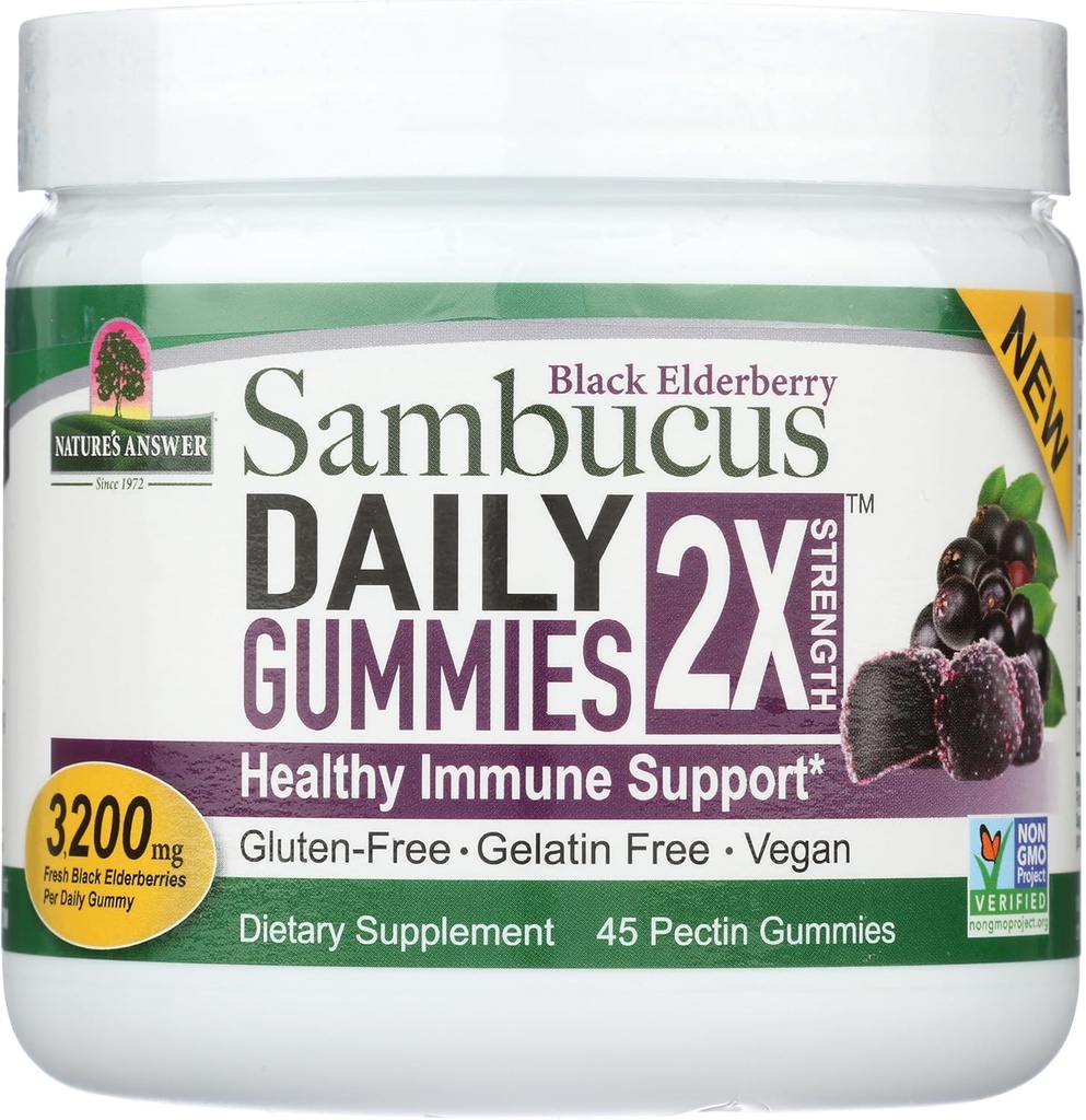 Risposta della natura Sambucus Daily Gummies | 2X More Elderberry 3200 mg Concentrazione | Alcol-Free, Gluten-Free, Gelatin-Free, Vegan, Non-GMO & No Preservatives | (45 Count (Pack of 1)